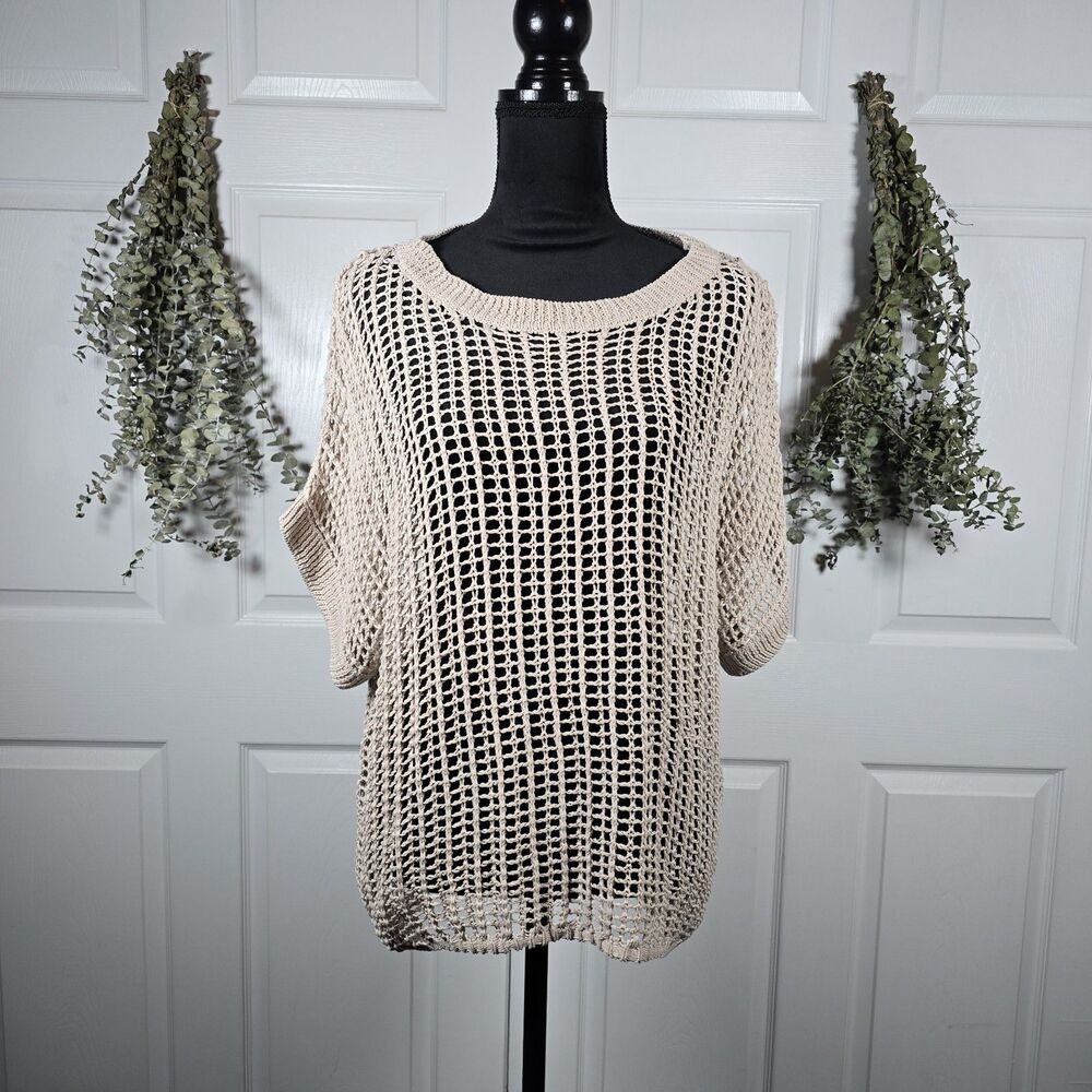 Womens Tan Beige Crochet Open Knit Sweater Short Sleeve XL Summer Cover Up